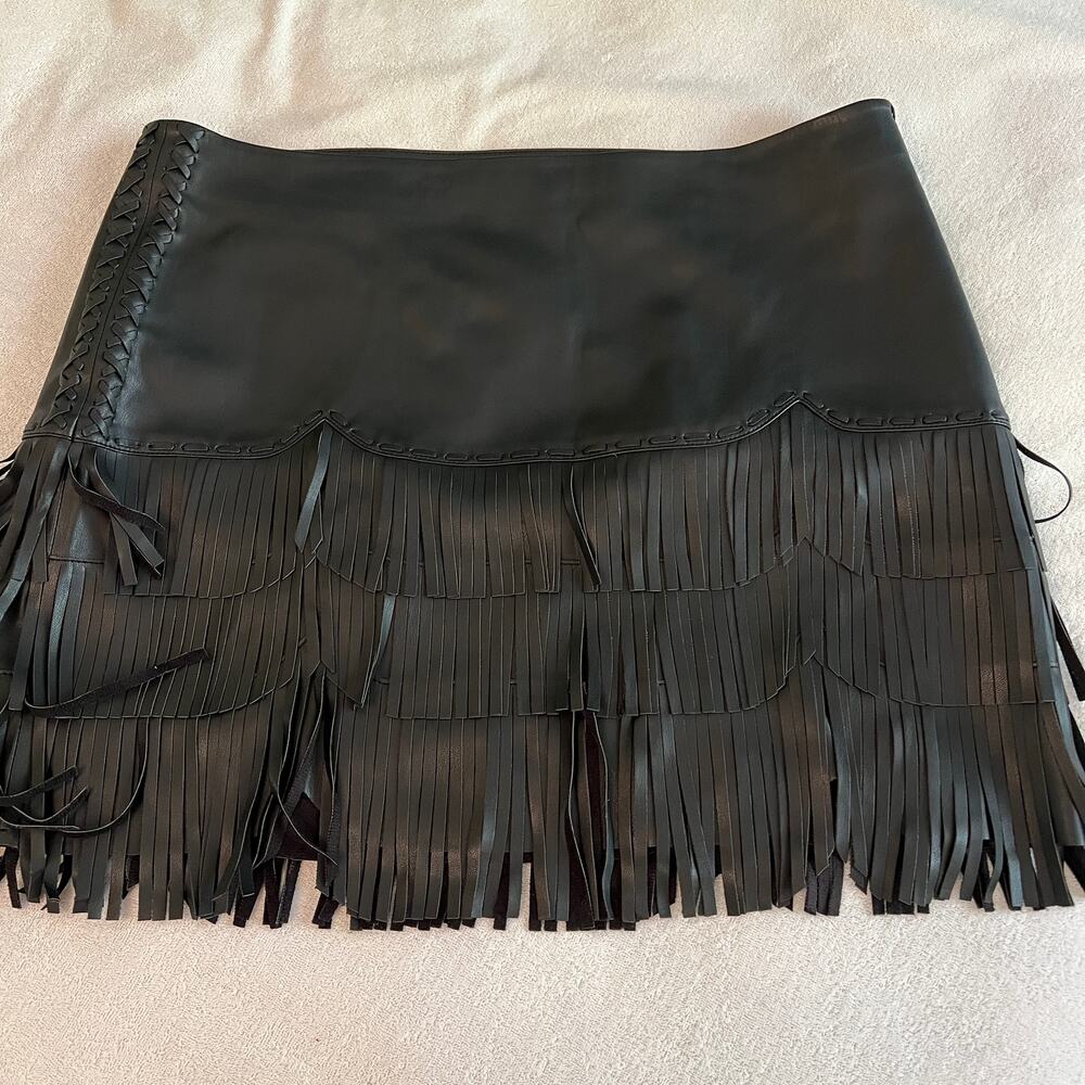 Idyllwind faux black leather fringe mini skirt cowgirl western rodeo large